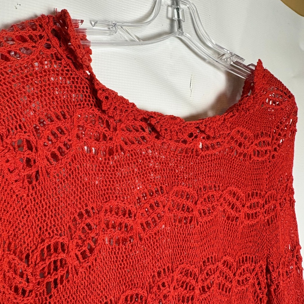 Coral Red Crochet L/S Boho Tunic Top Scalloped Hem Women Small Festival Renfair - Picture 5 of 9